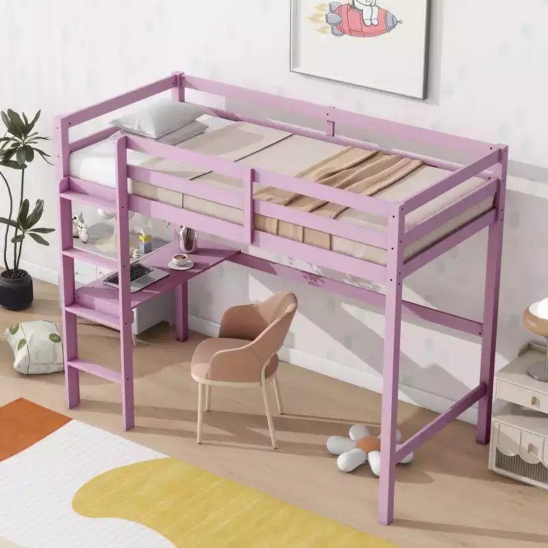 MAYEERTY Twin High Loft Bed with Safety Guardrail, Bulit-in Desk, Ladder Pink