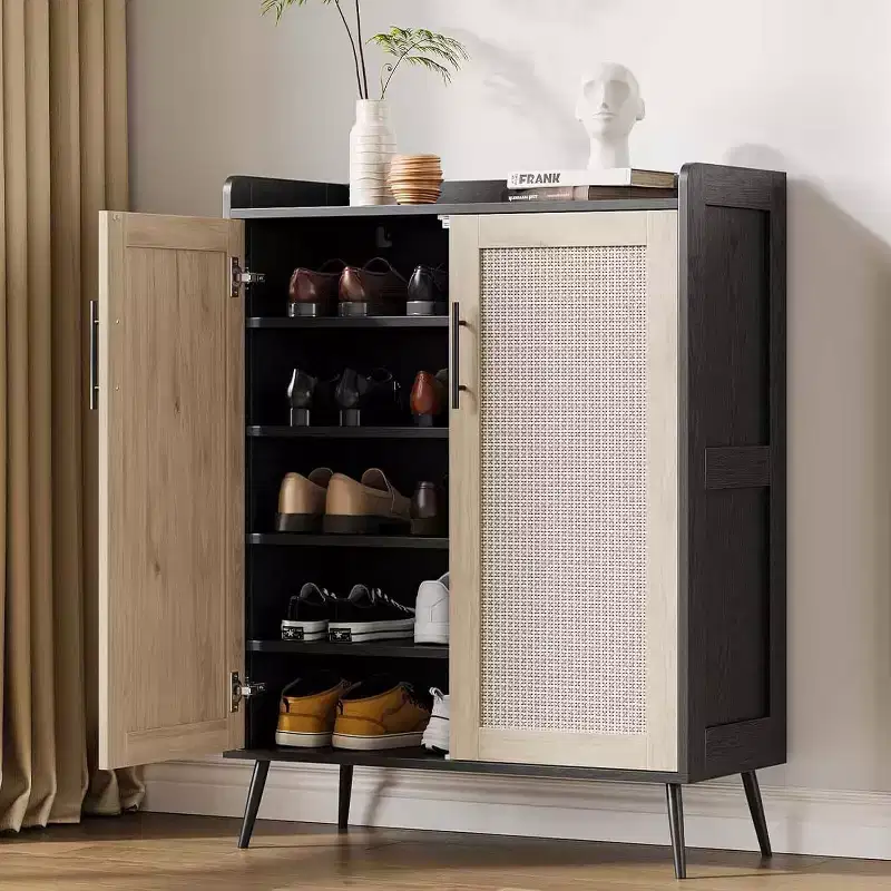 6-Tier Rattan Shoe Cabinet - Adjustable Shelf Organizer with Doors for Entryway, Hallway & Closet, Natural Weave