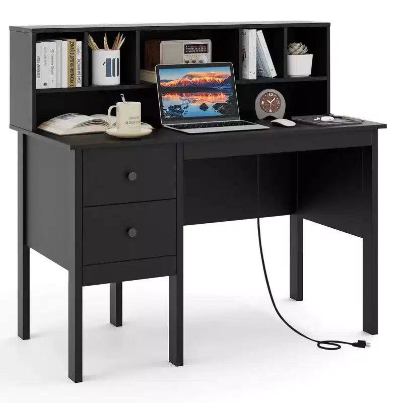 Costway 48 Computer Desk with Power Outlets Type-C 5-Cubby Hutch & 2 Storage Drawers Black/White