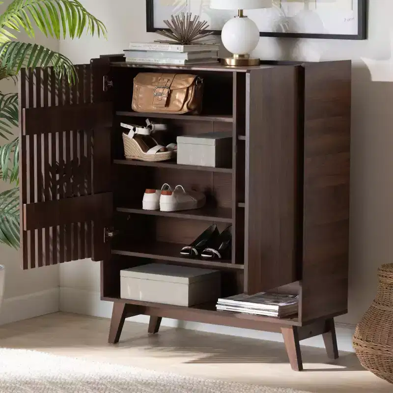 Paricia Mid-Century Modern Walnut Brown Finished Wood Shoe Cabinet