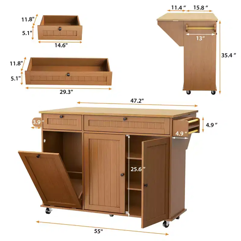Kitchen Island with Foldable Drop Leaf, 55 Wide Rolling Island Table on Wheels with Towel Rack, Spice Rack, Knife Holder & 10 Gallon Trash Storage