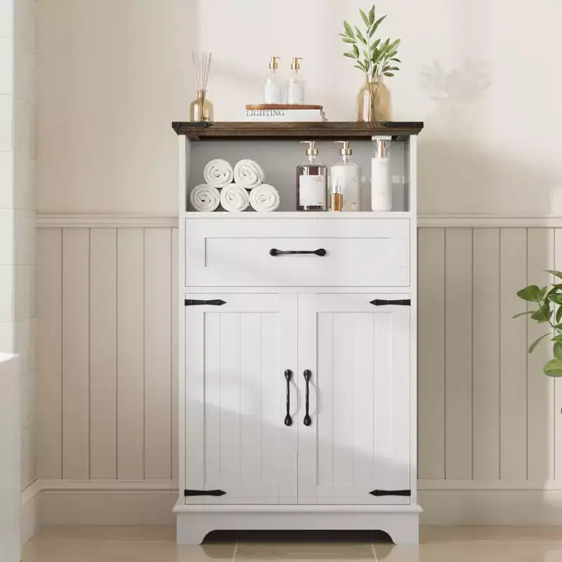 Farmhouse Bathroom Cabinet with Doors and Drawers, Freestanding Storage Cabinet w/Wood Texture