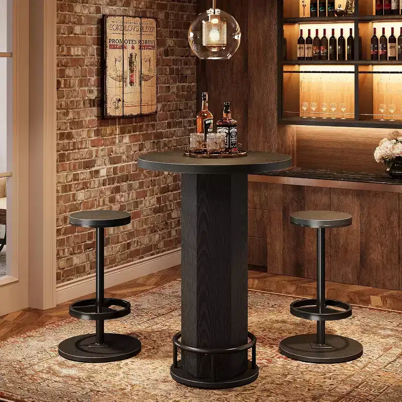 Round Bar Table with Chairs, Bistro with 2 barstools, Pub Cocktail Table with Metal Ring Footrest for Kitchen Nook, Apartment