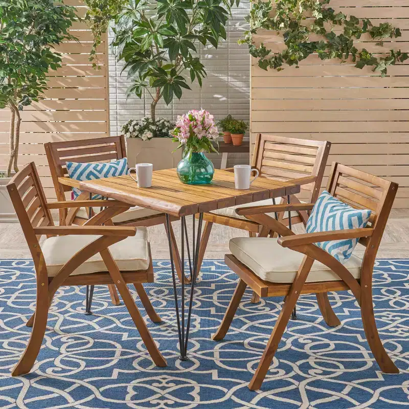 Christopher Knight Home Blaine Outdoor Acacia Wood and Iron 5 Piece Dining Set with Cushion, Teak and Cream