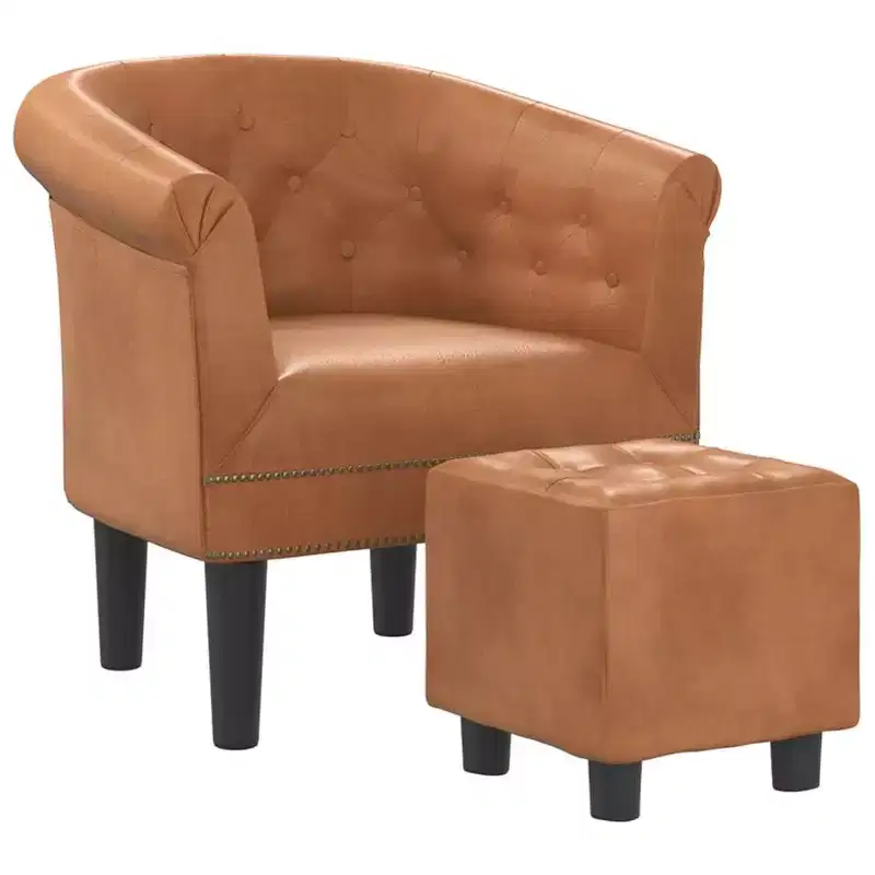 vidaXL Brown Faux Leather Tub Chair with Footstool - Modern Seating for Living Room, Bedroom & Home Office