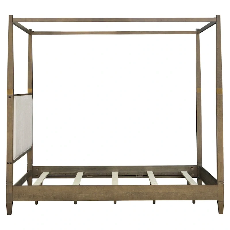 Queen Canopy Bed Frame, Solid Wood, Upholstered Headboard, Gold Metal Cuffs, Slat Foundation, 86.75W x 63.25D x 80H in