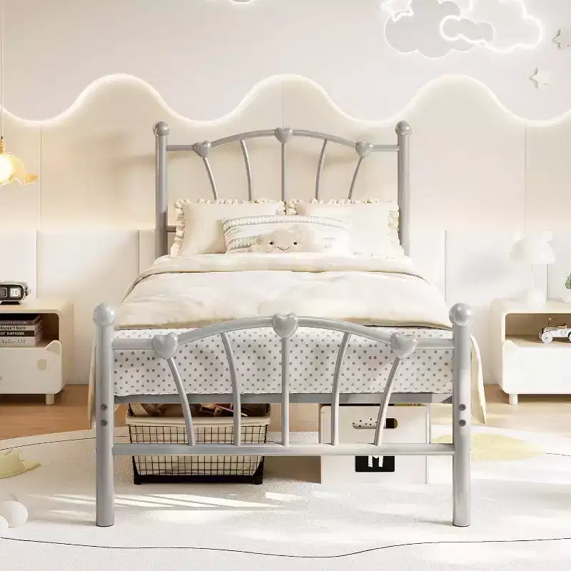 Twin Size Metal Platform Bed Frame with Heart Design Headboard, Heavy Duty Noise-Free Frame for Kids Teens, No Box Spring Needed