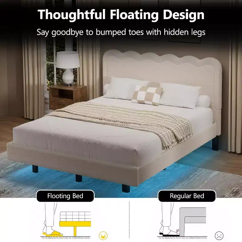 Dyonery Queen fabric bed frame with LED lights, floating bed frame with wavy headboard, no springs required, easy to assemble