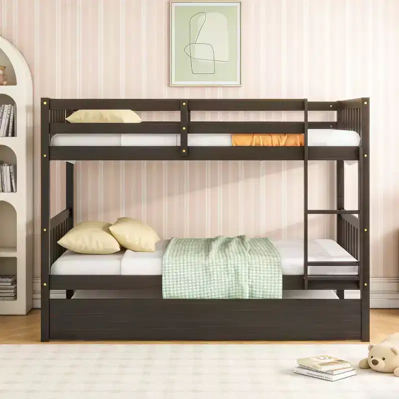 Twin Over Twin Modern Wood Bunk Bed with Trundle, Convertible into 2 Beds