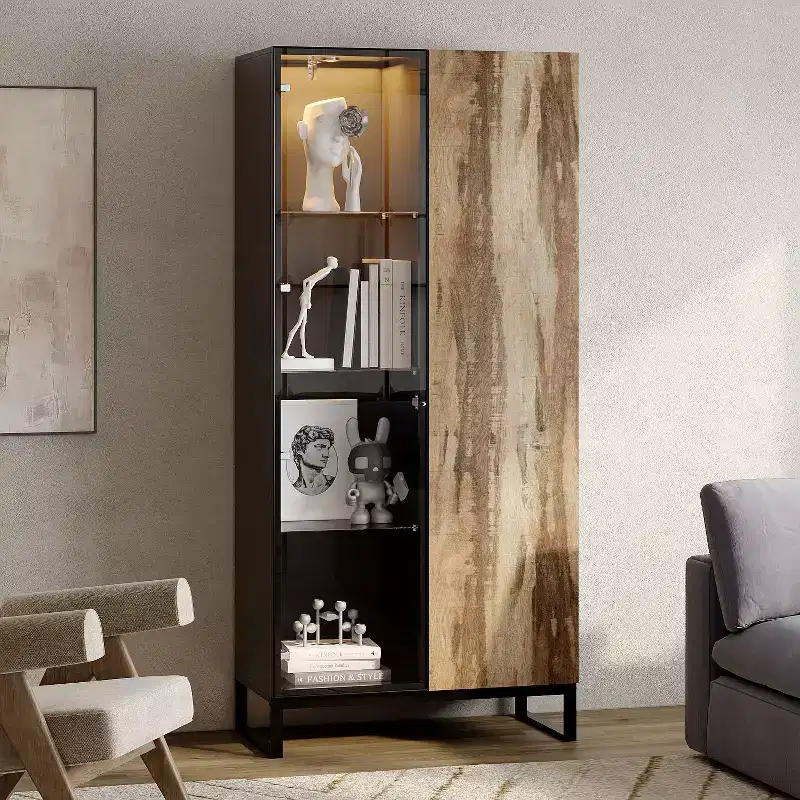 LED-Lighted Display Cabinet Bookcase Glass Wood Door Stylish Storage for Decor & Books Freestanding Cabinet