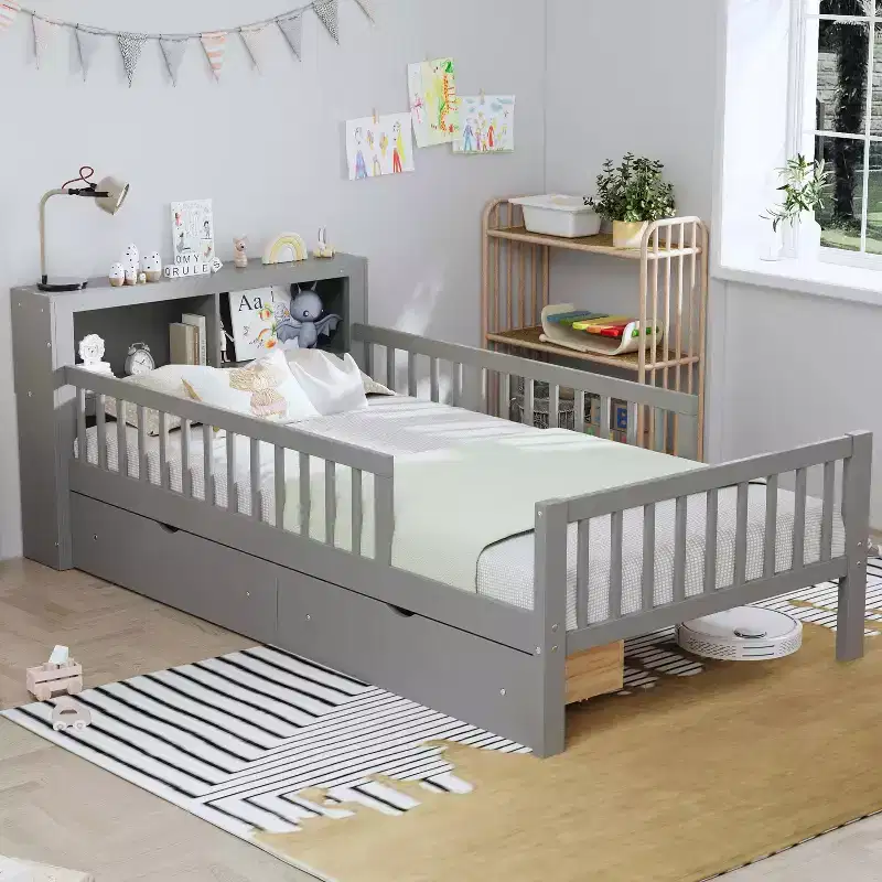 MAYEERTY Twin Size Bed with Headboard Storage Storage Rack Two Under Bed Drawers Three Side Guardrails for Bedroom Gray