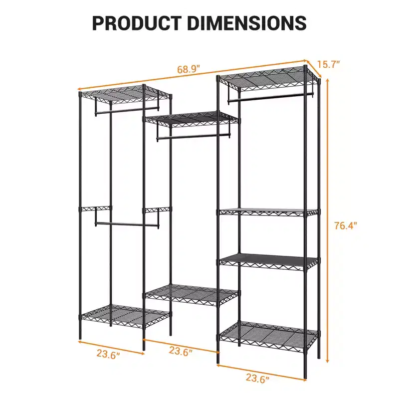 Metal Freestanding Clothing Organizer, Clothing Rack Heavy Duty Clothes Rack with 8 Shelves & 4 Hang Rods, Adjustable Closet Rack