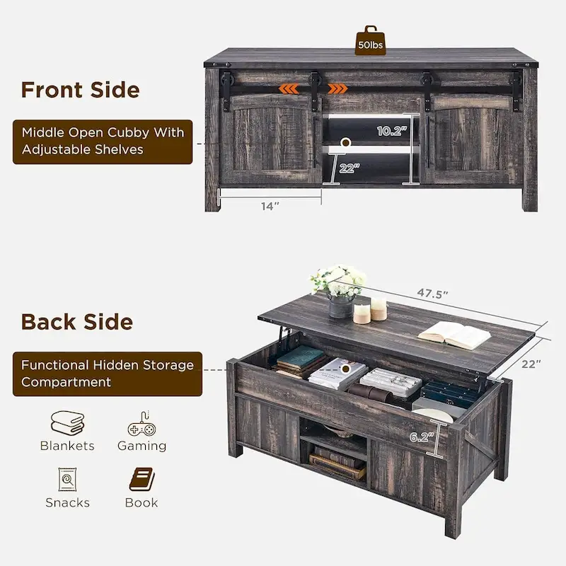 Farmhouse Lift Top Coffee Table, Rustic Wood Center Table