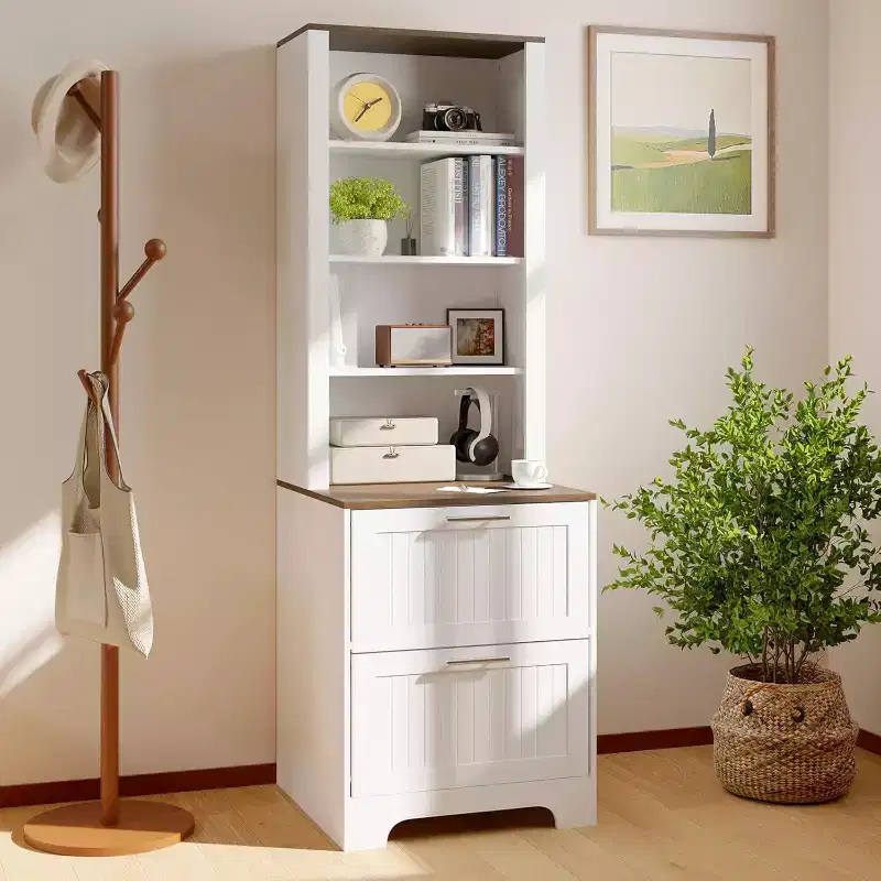 72 Inch Tall Farmhouse Bookshelf, with 2 File Drawers and Adjustable Shelves, for Home Office and Living Room, Easy Assembly