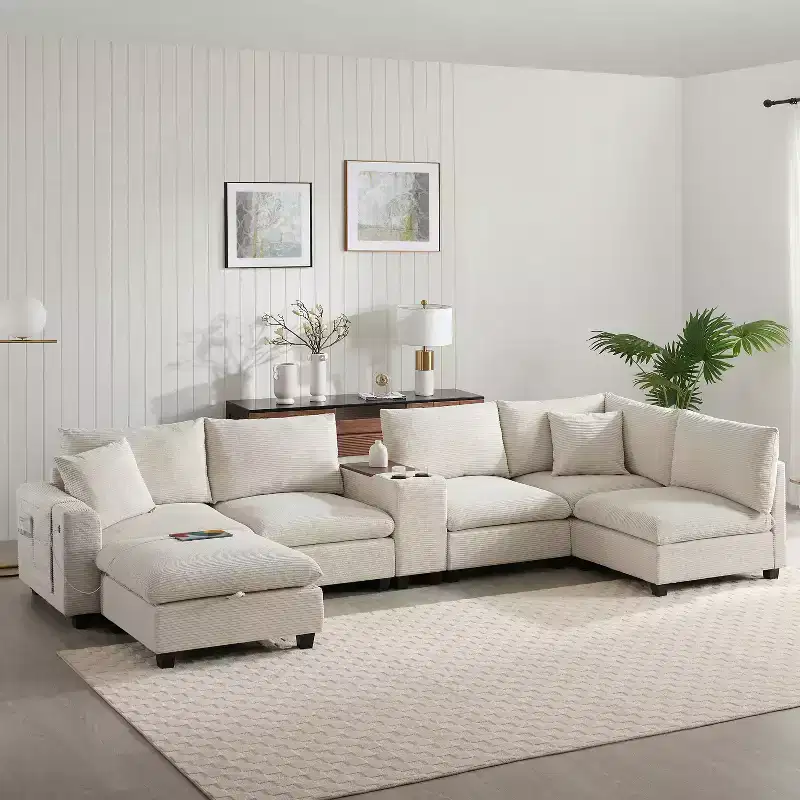 Modern Chenille 4-seat Sectional Sofa with Ottoman, L-Shaped Cloud Couch Set with Throw Pillows
