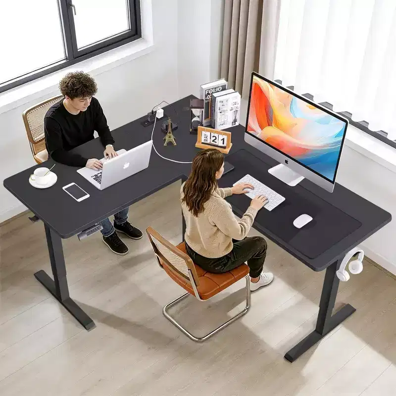 63 x 55 Electric L-Shaped Corner Standing Desk with Outlets, Mouse Pad & Hook, Height-Adjustable Home Office Gaming Computer Workstation