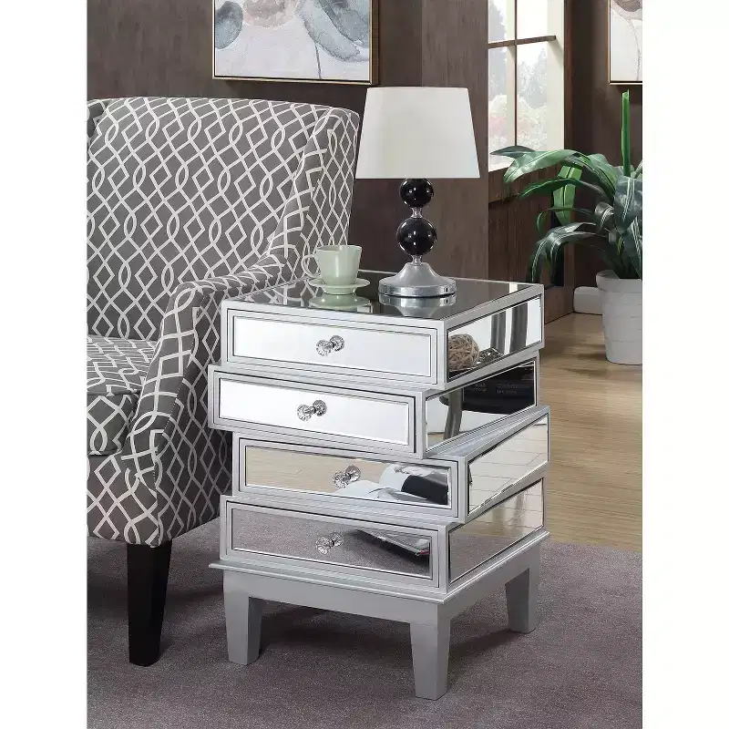 HomeStock Belmont Mirrored End Table with Four Drawers, Contemporary Accent Table with Crystal Knobs and Glass Panels for Living Room Storage