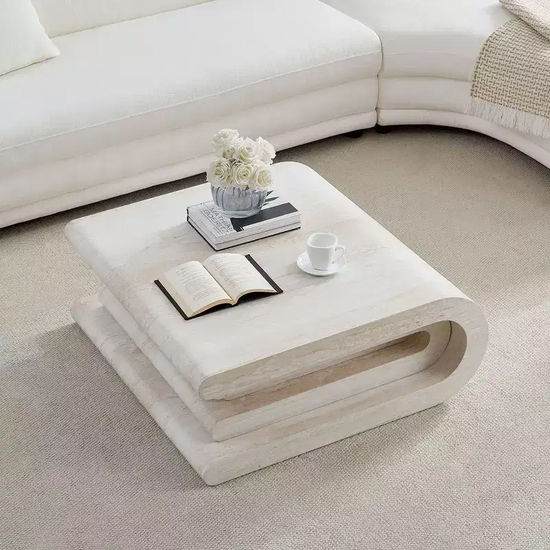GDFStudio Laurine Modern Travertine Pattern Layered Coffee Table