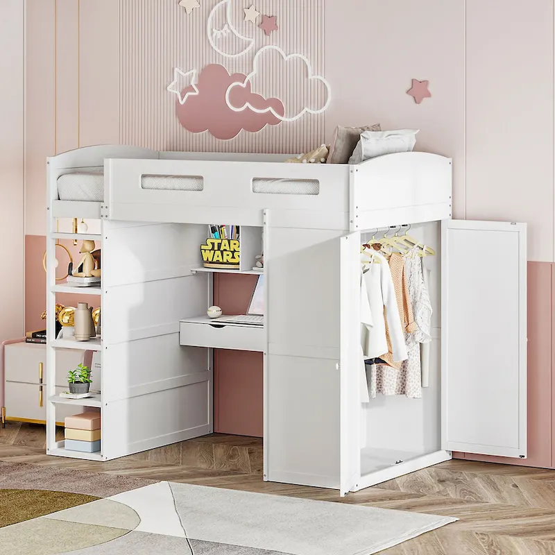 Loft Bed with Desk, Wardrobes, 4 Drawers and 4 Shelves