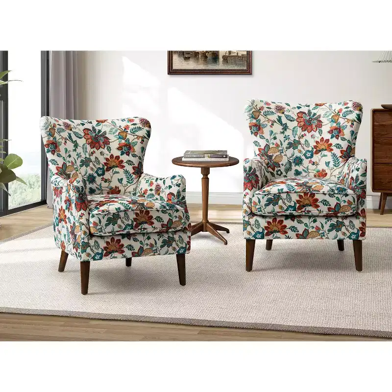 Set of 2 Nikolaus Comfy Living Room Armchair with Floral Fabric Pattern| ART OF LIVING DESIGNS-RED