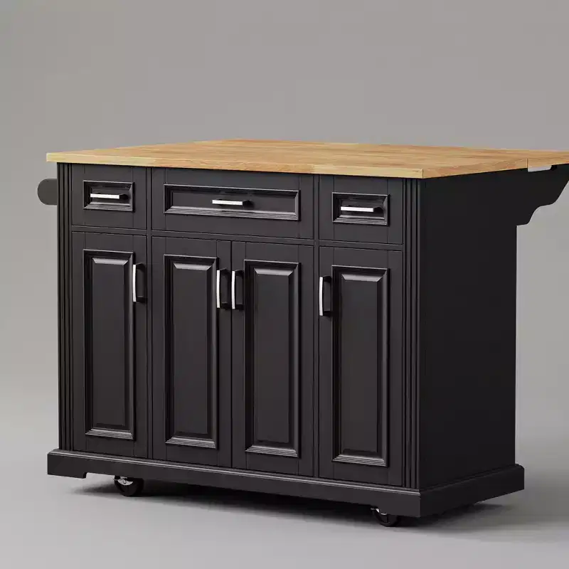 Homy Casa Rolling Kitchen Island with Wood Top and Storage Cabinets, Black