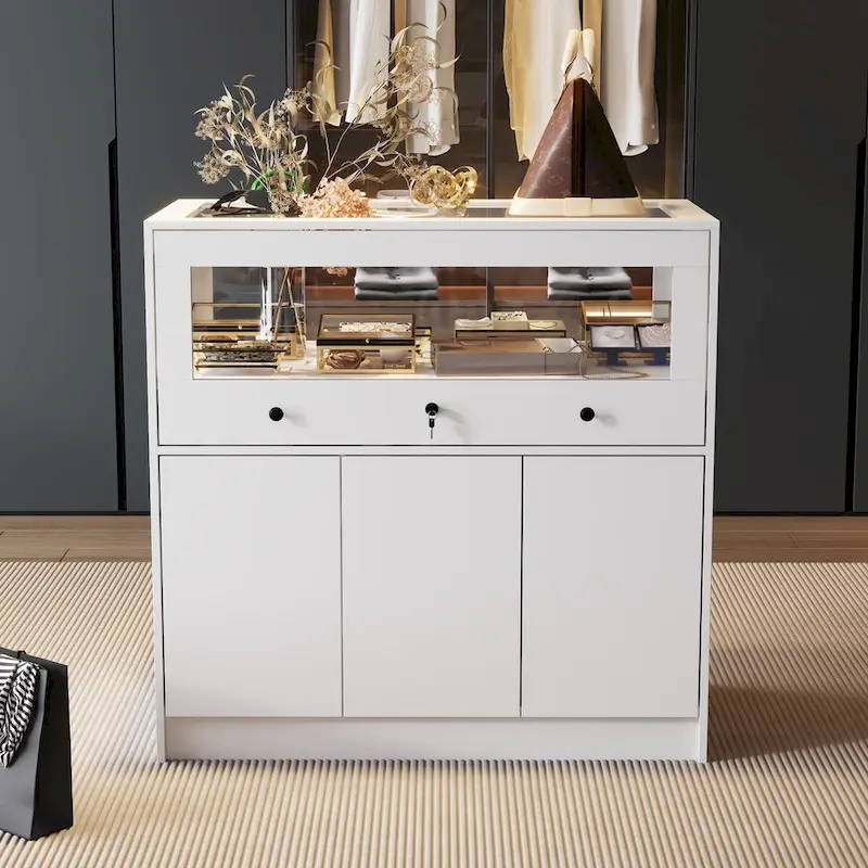 Display Cabinet with Tempered Glass Top and Lockable Storage Clo - 39.4