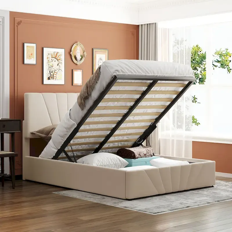 Upholstered Platform Bed with Hydraulic Under-Mattress Storage, Linen Fabric, 24 Wood Slats