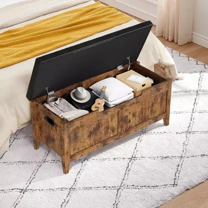 Brown / Gray / Pink / White Upholstered Storage Bench, Wooden Chest with Padded Seat, 1-Person