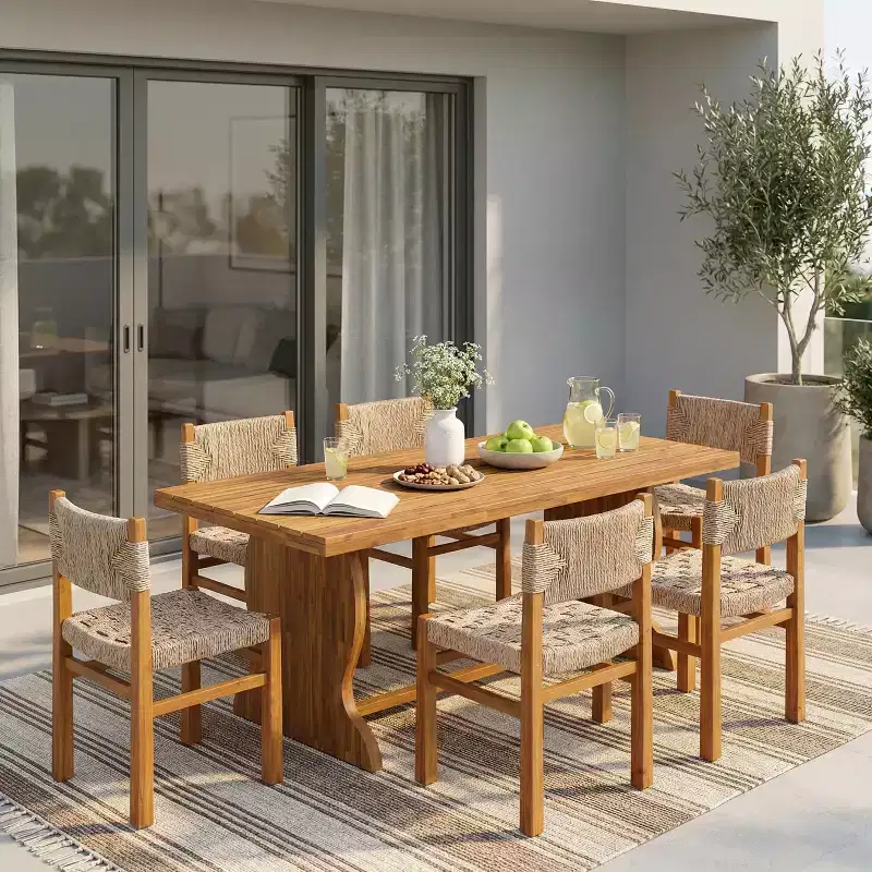 Christopher Knight Home Riccardo Farmhouse 5 Piece Acacia Wood Dining Set with Wicker and Slatted Design