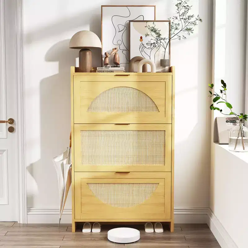 Rattan Shoe Storage Cabinet with 3 Flip Drawers, Free Standing Wooden Shoe Storage Organizer Cabinet