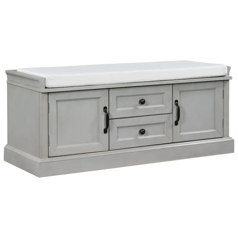 Storage Bench with 2 Drawers, 2 Cabinets and Removable Cushion - 42.5L x 15.9W x 17.5H