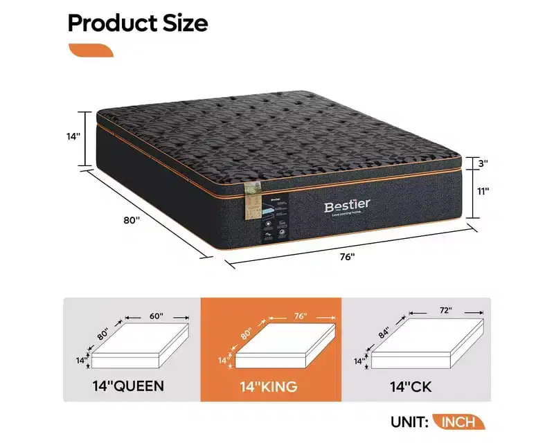 Bestier 14 King Size Mattress, Cooling Gel Memory Foam Black Mattress, Organic Wool Mattress, Lumbar Support Spring for Superior Comfort, CertiPUR-US