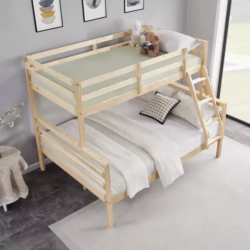 Twin over Full Bunk Bed with Ladder,Wooden Bunk Bed with High Guardrail ,No Box Spring Needed,Natural
