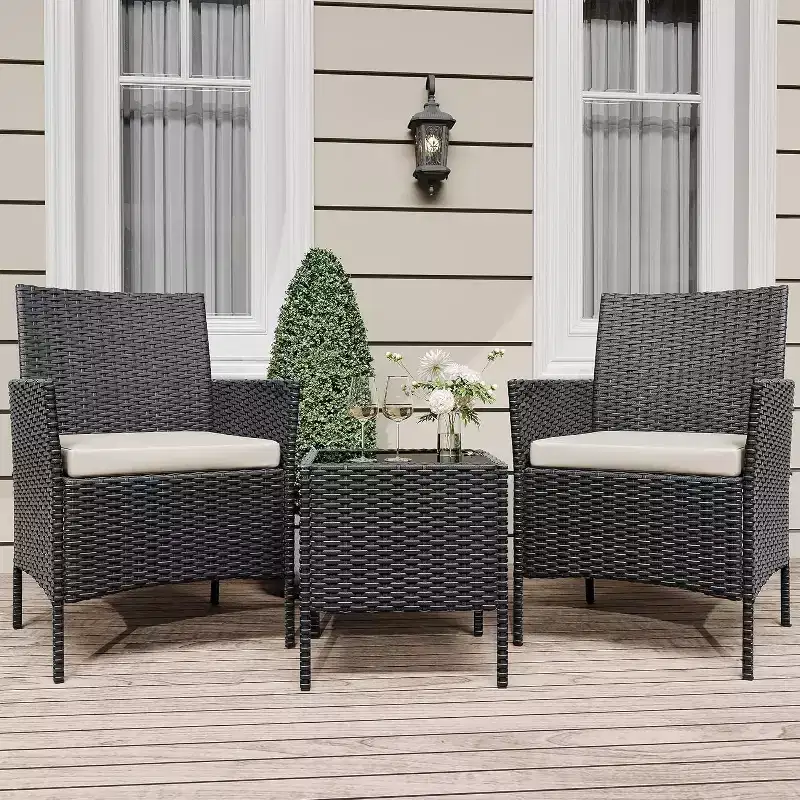 Garvee 3 Piece Patio Set, PE Rattan Patio Conversation Set, 2 Chairs + Coffee Table, Outdoor Patio Furniture Set for Patio Front Porch Balcony