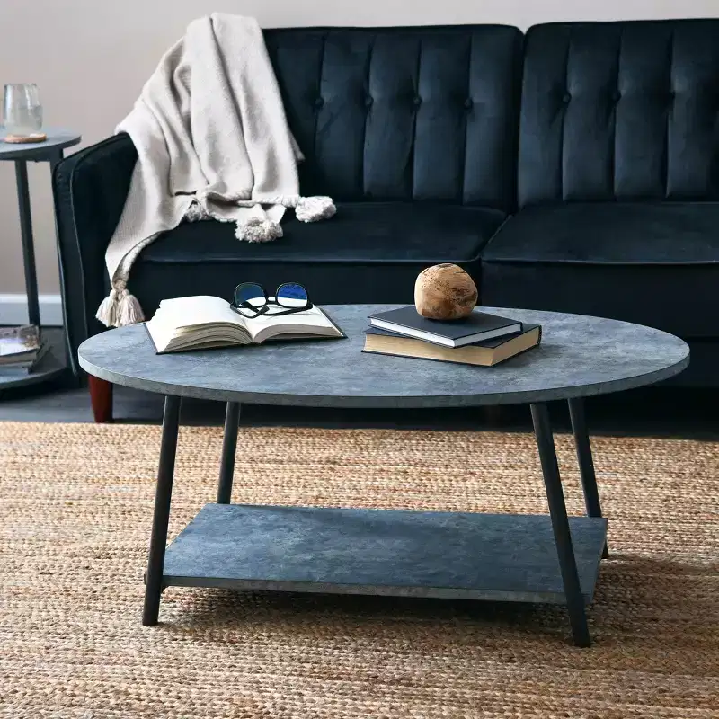 Jamestown Oval Coffee Table with Storage Shelf Rustic Slate Concrete and Black Metal