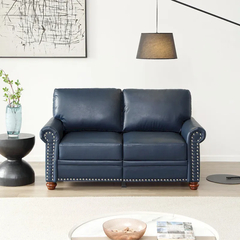 Navy Blue Faux Leather Loveseat Sofa, 2-Seater