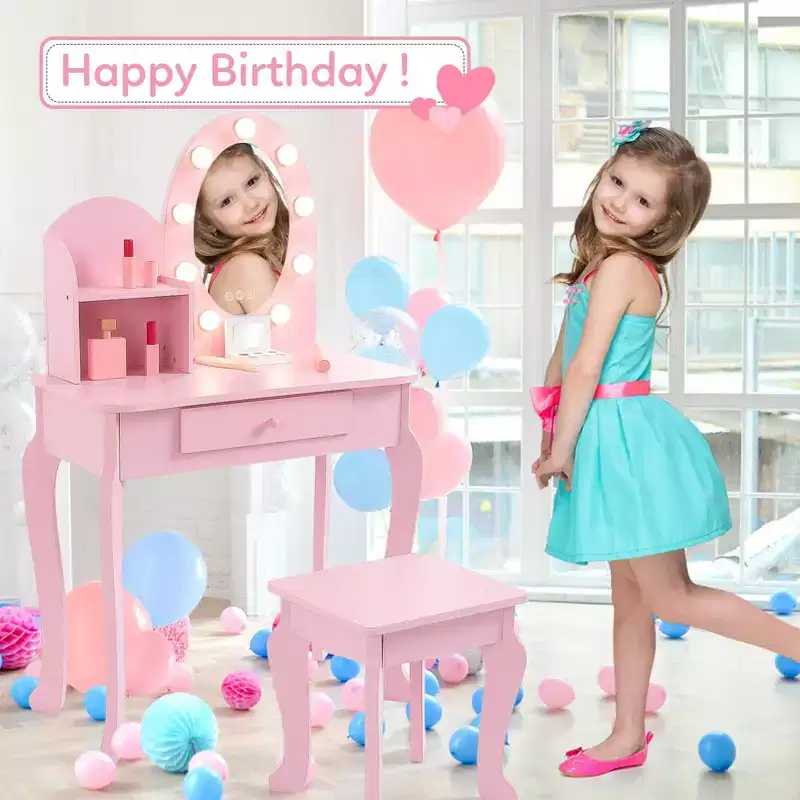 Kids Vanity Set with Stool - Wooden Princess Makeup Table with Mirror, Play Cosmetics & Storage
