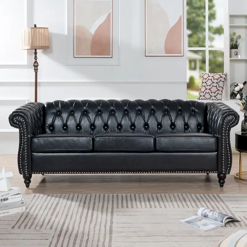 Classically Elegant 84.65 Three-Seater Rolled Arm Chesterfield Sofa in PU Leather - Sturdy Birch Legs, Soft Upholstery