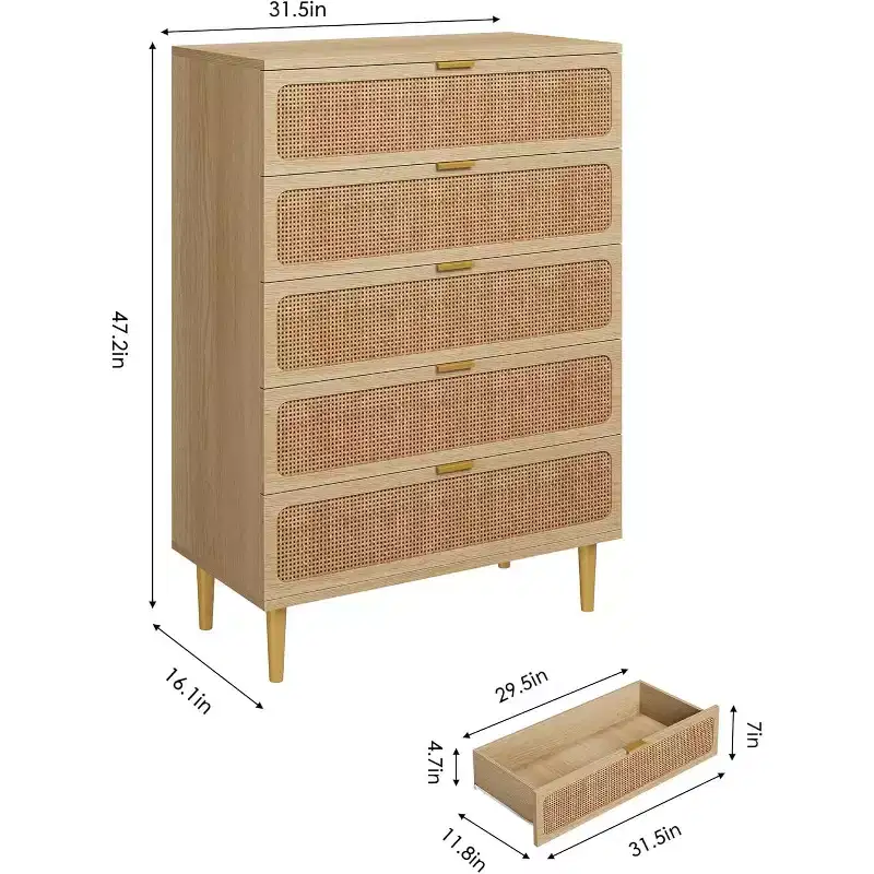 Rattan 5 Drawer Dresser for Bedroom, Large Double Dresser, Wooden Chest of Drawers for Closet with Wide Top, for Living Room, Hallway