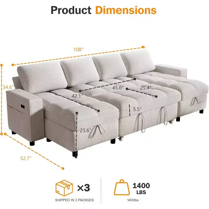 Dyonery 108 4 Seat Modular Sectional Sofa with USB Ports/Adjustable Backrest/2 Storage Seats