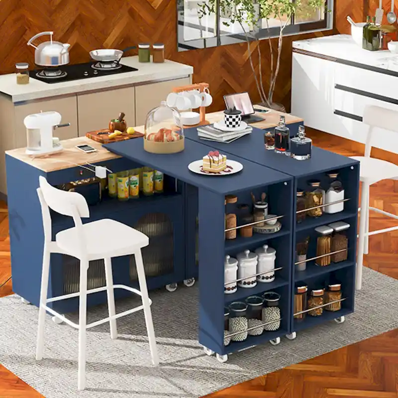 33 in. W Kitchen Island Rubberwood Top on 8 Wheels With Extended Table, LED Lights, Power Outlets
