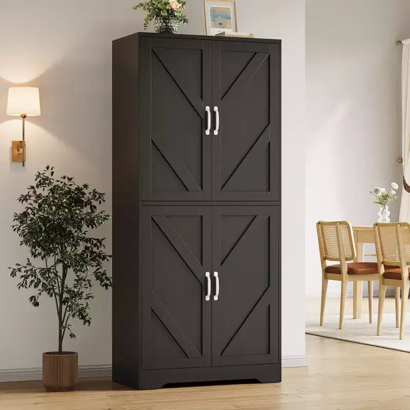 Kitchen Pantry Cabinet with Sliding Barn Doors & Adjustable Shelves - Freestanding Storage for Dining Room & Living Room