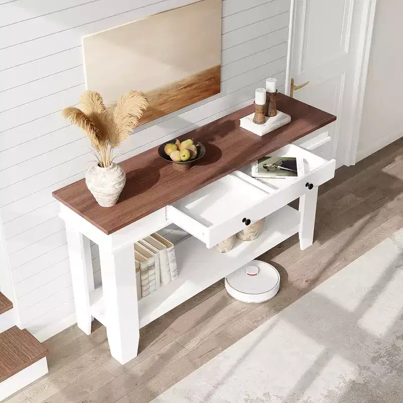 Farmhouse 54Inch Entryway Long Console Table w/ Drawers, Wooden Rectangular Entryway Tables w/Open Storage Shelf, Sofa Table Behind Couch, Foyer Table