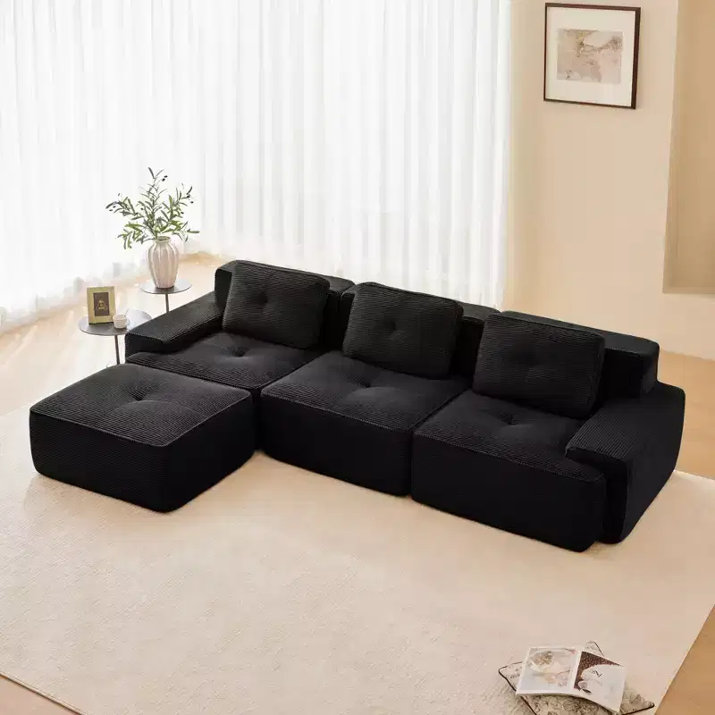 117 Modern L-Shaped Modular Sectional Sofa for Living Room, Corduroy Fabric,3-Seater Couch with Deep Seat and Movable Ottoman, Camel