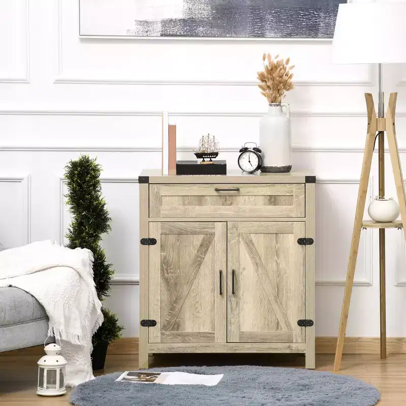 Sideboard Buffet Cabinet with Storage Drawer, Modern Farmhouse Kitchen Cabinet with 2 Barn Doors, Coffee Bar Cabinet, Oak