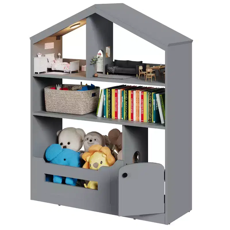 Kids Bookshelf, Toy Storage Organizer, Wooden Kids Bookcase with Motion Sensor Light, Dollhouse Bookcase for Playroom Bedroom Nursery Classroom