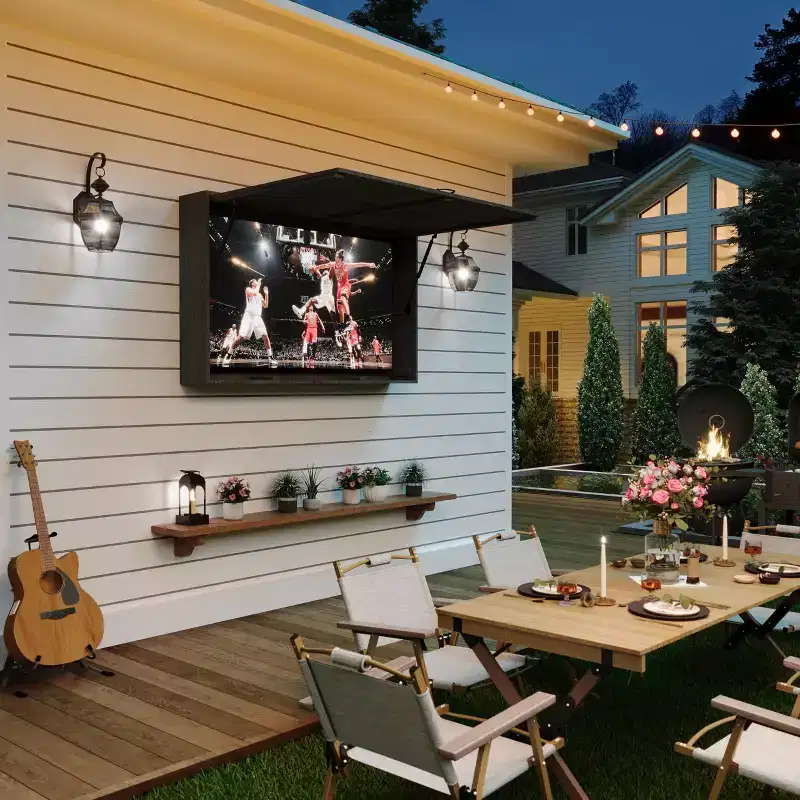Outdoor Wooden TV Display Protector, 48 inch Solid Waterproof Adjustable Television Hard Box with Extra Cover and Telescopic Bracket Black