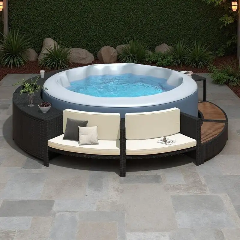 Outdoor Patio Rattan Spa Surround Frame Sofa Set with Storage Spaces, Bench and Cushions