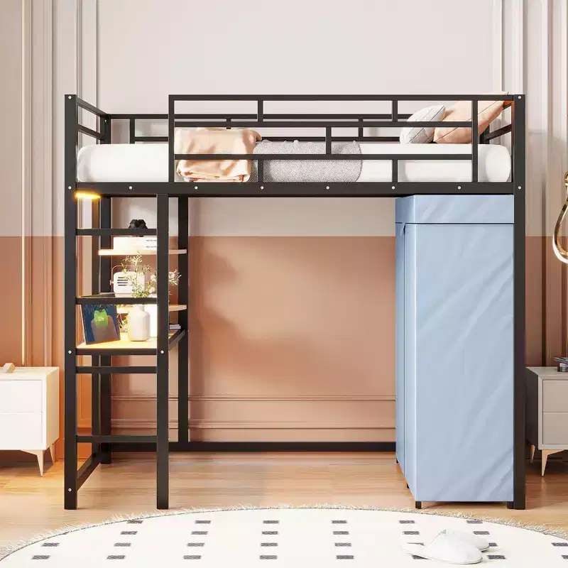 Okak 77.4IN Twin/Full Size Metal Loft Bed with Desk, Bed Frames with High Safety Guardrails and Wardrobe, Twin Bed for Bedroom, Dormitory