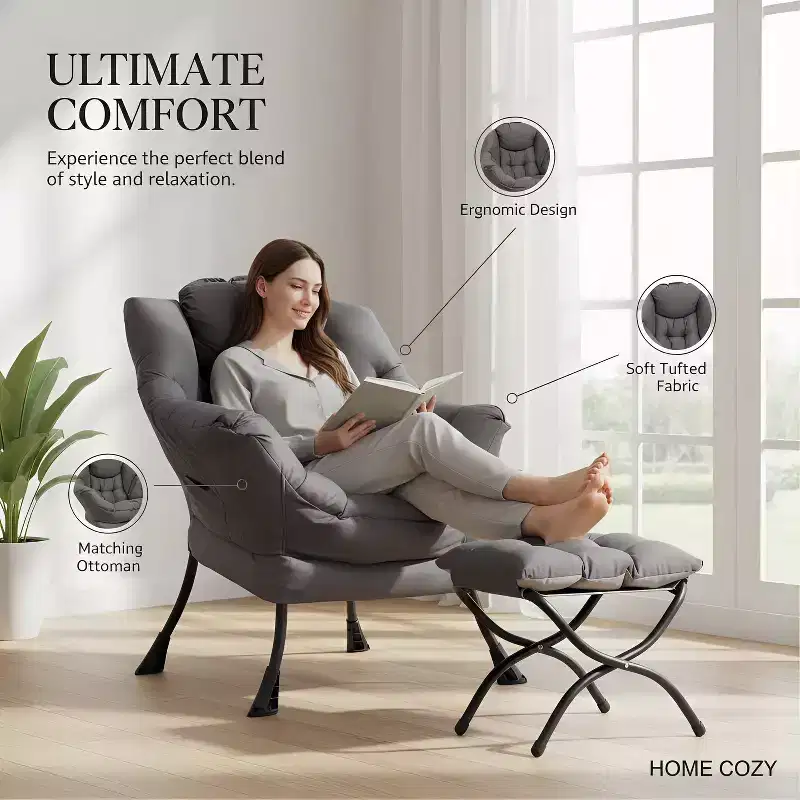 Accent Leisure Armchair with Ottoman, Side Pocket & Armrests – Dark Grey
